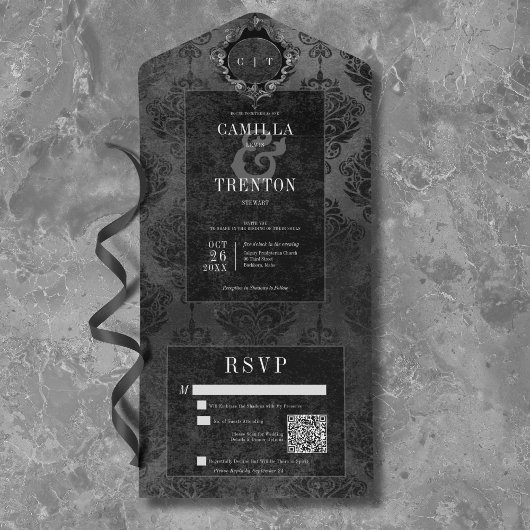 Invitation Tout En Un Dark gothique noir et noir Damask QR Code