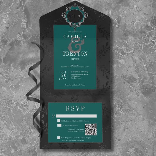 Invitation Tout En Un Dark gothique Noir et Turquoise Floral Satin Code