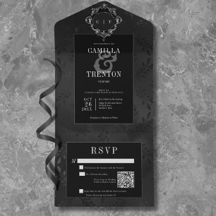 Invitation Tout En Un Dark gothique noir & noir Floral Satin Code QR