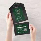 Invitation Tout En Un Dark gothique noir & vert Floral Satin Code QR (Déchirure)