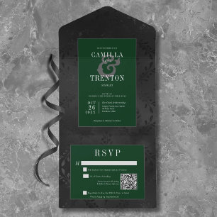 Invitation Tout En Un Dark gothique noir & vert Floral Satin Code QR