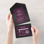 Invitation Tout En Un Dark gothique noir Vin floral satin QR Code (Déchirure)
