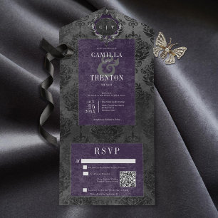 Invitation Tout En Un Dark Gothique Noir & Violet Damas Code QR