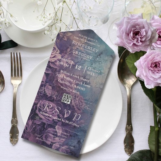 Invitation Tout En Un Dark gothique violet Lavande Rose QR Code