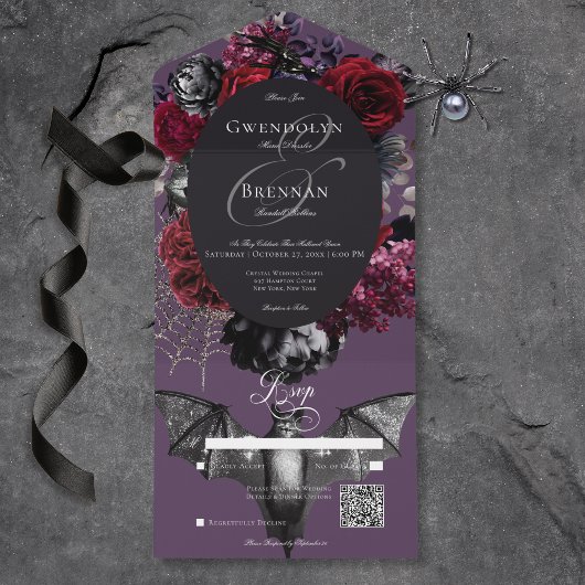 Invitation Tout En Un Dark Halloween Glam Floral Violet Mariage QR Code