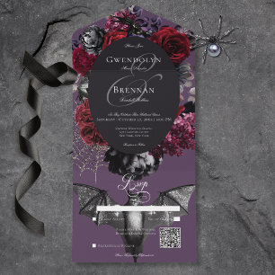 Invitation Tout En Un Dark Halloween Glam Floral Violet Mariage QR Code