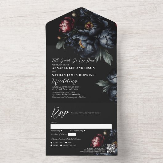 Invitation Tout En Un Dark Moody Black Peony Mariage gothique QR Code (À l'intérieur)