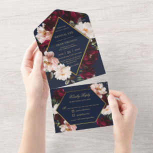 Invitation Tout En Un Dark Moody Burgundy Blush Navy Blue Floral Mariage