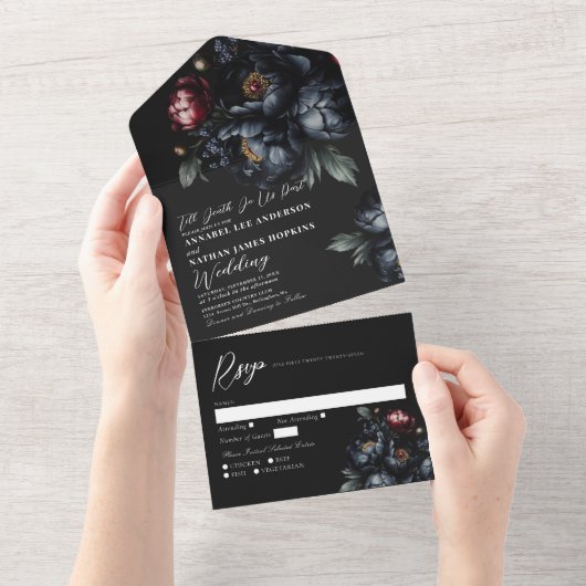 Invitation Tout En Un Dark Moody Romantic Black Peony Mariage gothique (Déchirure)