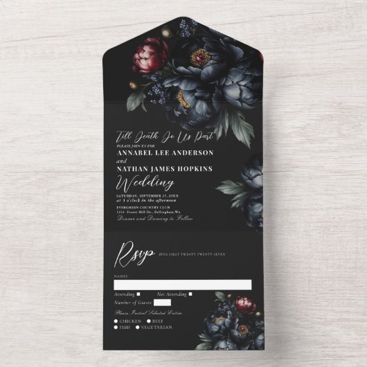 Invitation Tout En Un Dark Moody Romantic Black Peony Mariage gothique (À l'intérieur)