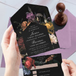 Invitation Tout En Un Dark Moody Romantic Floral Néerlandais Mariage<br><div class="desc">Arrière - plan de photo florale dramatique qui rappelle les maîtres peintres hollandais. Fleurs bijoux toniques sur arrière - plan noir (modifiable). Customisez la carte rsvp,  ou supprimez les options de repas et ajoutez un site Web,  etc.</div>