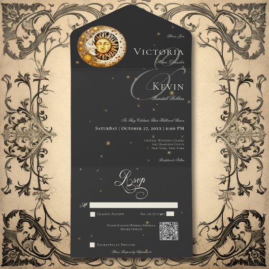 Invitation Tout En Un Dark Moody Victorian Moon Sun Stars QR Code