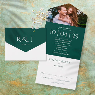 Invitation Tout En Un Date de mariage photo en monogramme vert émeraude