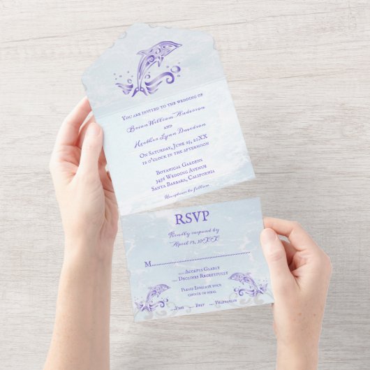 Invitation Tout En Un Dauphin violet tout en un mariage Inviter (Déchirure)