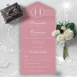 Invitation Tout En Un Déco Moderne Monogramme Dîner Rose Dusty