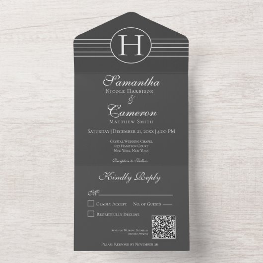 Invitation Tout En Un Déco Monogramme moderne Charbon noir QR Code (À l'intérieur)