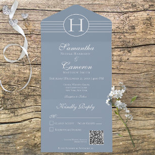 Invitation Tout En Un Déco Monogramme moderne Dusty bleu QR Code