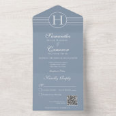 Invitation Tout En Un Déco Monogramme moderne Dusty bleu QR Code (À l'intérieur)