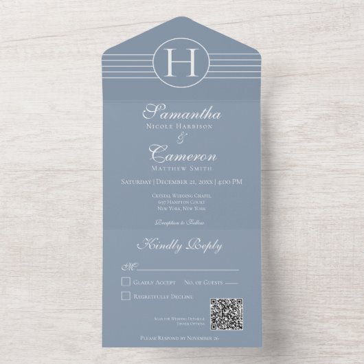 Invitation Tout En Un Déco Monogramme moderne Dusty bleu QR Code (À l'intérieur)