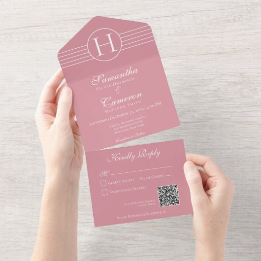 Invitation Tout En Un Déco Monogramme moderne Dusty rose QR Code (Déchirure)