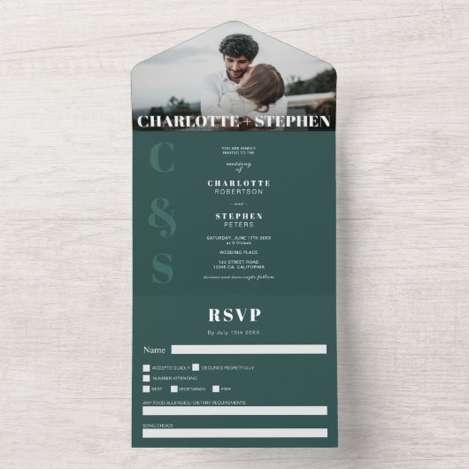 Invitation Tout En Un Décontracté vert moderne initiales photo mariage (À l'intérieur)