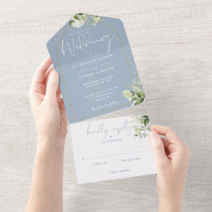 Invitation Tout En Un Décoration florale de verdure bleu poussiéreux et