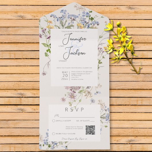Invitation Tout En Un Délicat Boho Fleurs sauvages Cream QR Code