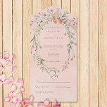 Invitation Tout En Un Délicat Rose Blush Rustic Fleurs sauvages Pas de d<br><div class="desc">DISPONIBLE AVEC OU SANS CODE QR À ANALYSER OU AVEC OU SANS OPTIONS DE DÎNER. Visualisez un faire-part de mariage exquis orné de délicats fleurs sauvages de pêche et de rose, dressé contre un arrière - plan doux rose pâle doucement affligé de coups de blanc. L'invitation respire l'élégance et la...</div>