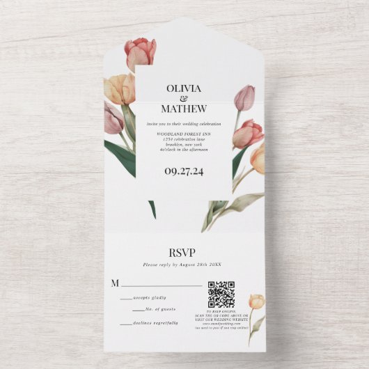 Invitation Tout En Un Délicat Tulip Aquarelle Mariage QR Code Rsvp (À l'intérieur)