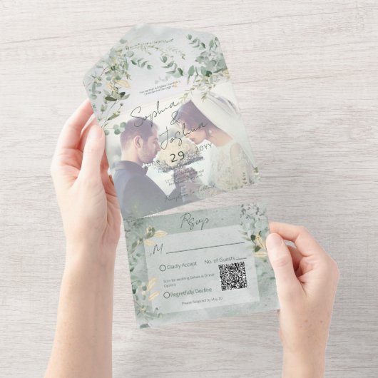 Invitation Tout En Un Délicate verdure moderne Photo QR Code (Déchirure)