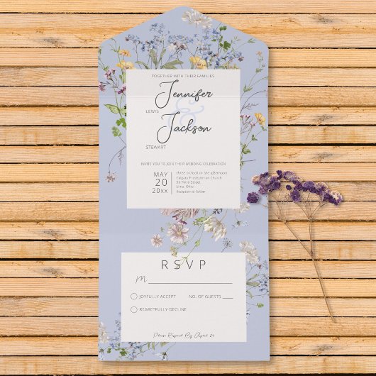 Invitation Tout En Un Délicieuse Boho Fleurs sauvages Périwinkle Pas de 