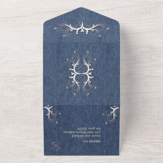 Invitation Tout En Un Denim bleu et blanc Tri Plier avec Rsvp (Dehors)