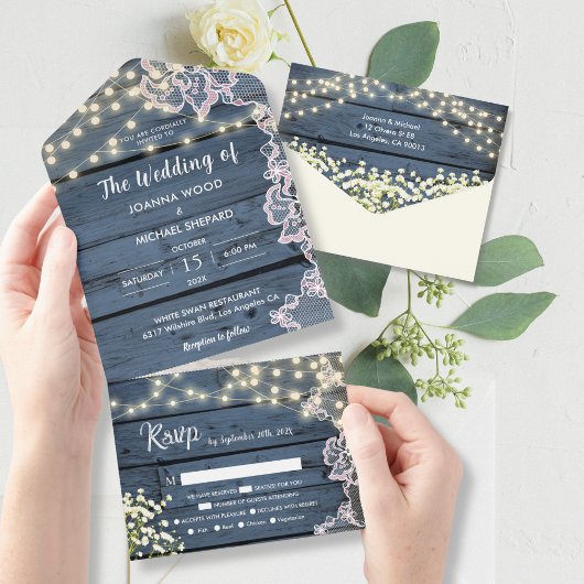 Invitation Tout En Un Dentelle Baby's Respiration & String Lights Blue W