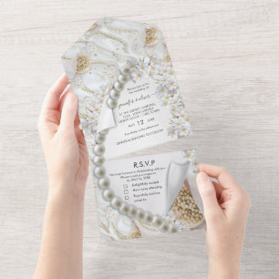 Invitation Tout En Un Des perles d'ivoire-vert-or en un seul mariage Inv