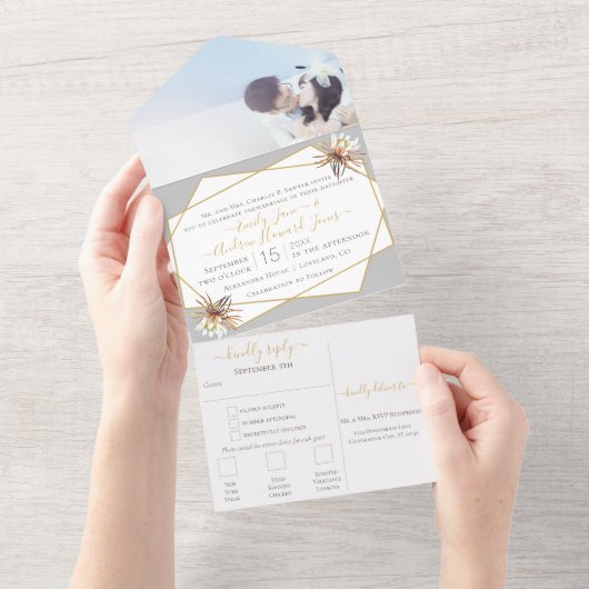 Invitation Tout En Un Desert Cactus Mariage de cadre géométrique or (Déchirure)