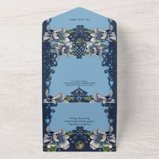 Invitation Tout En Un Design élégant bleu celtique (Dehors)