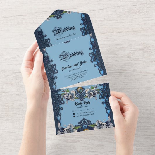 Invitation Tout En Un Design élégant bleu celtique (Déchirure)