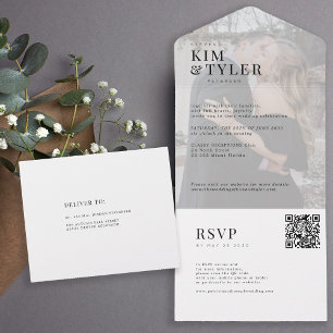 Invitation Tout En Un Design élégant photo blanc QR RSVP mariage