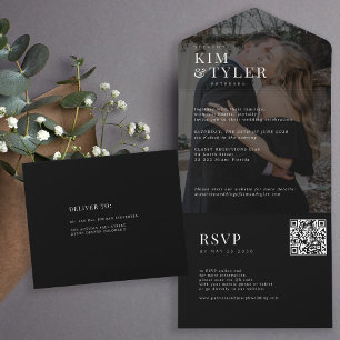 Invitation Tout En Un Design élégant photo noir QR RSVP mariage