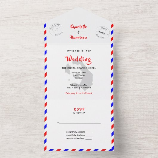 Invitation Tout En Un Destination Mariage Santorin Grèce Airmail (À l'intérieur)