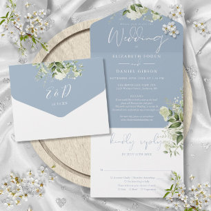 Invitation Tout En Un Détail floral de verdure bleu poussiéreux pour RSV