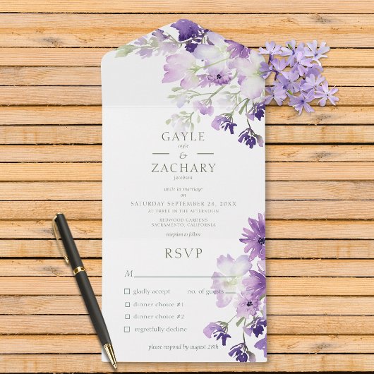 Invitation Tout En Un Dîner blanc floral violet Boho
