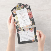 Invitation Tout En Un Diner Fleurs Boho Noir & Blush Rose (Déchirure)
