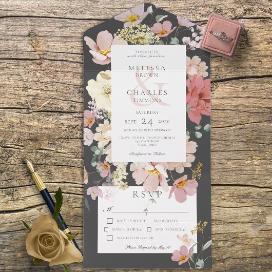 Invitation Tout En Un Diner Fleurs Boho Noir & Blush Rose