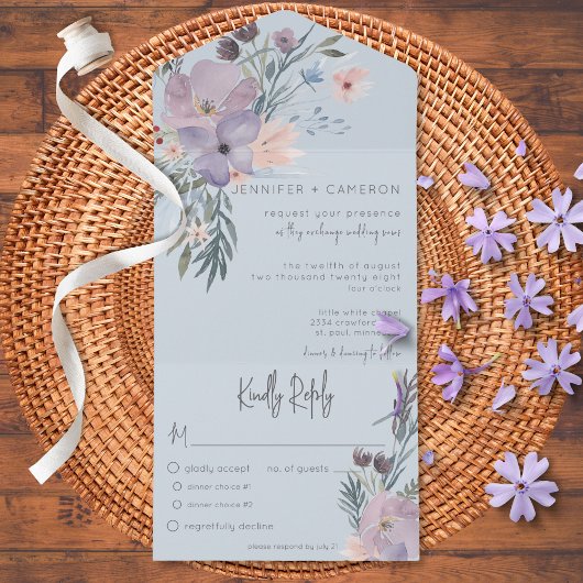 Invitation Tout En Un Dîner Floral Bleu Pêche & Lavande Boho