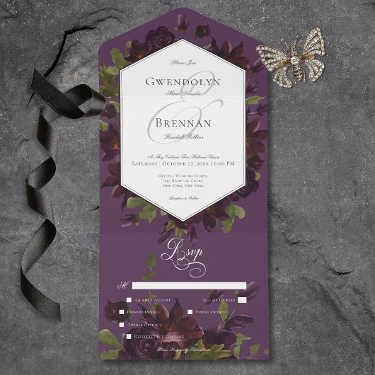 Invitation Tout En Un Dîner Floral Moody violet foncé