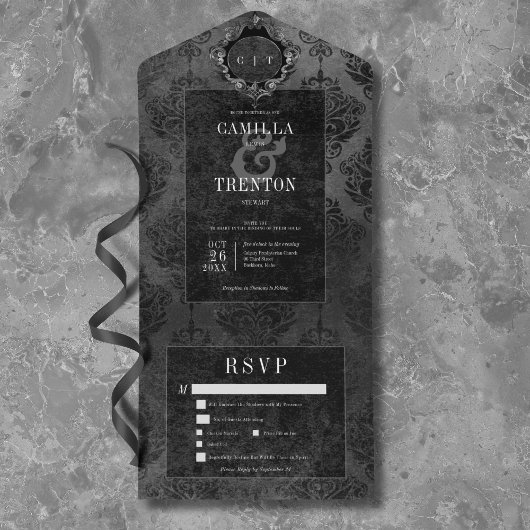 Invitation Tout En Un Dîner gothique foncé noir et noir damassé