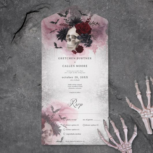 Invitation Tout En Un Dîner Gothique Noir & Bourgogne Skull & Bats