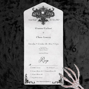Invitation Tout En Un Dîner gothique noir et blanc Halloween Filigree