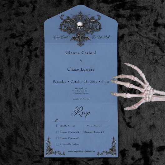 Invitation Tout En Un Dîner gothique noir et bleu Halloween Filigree